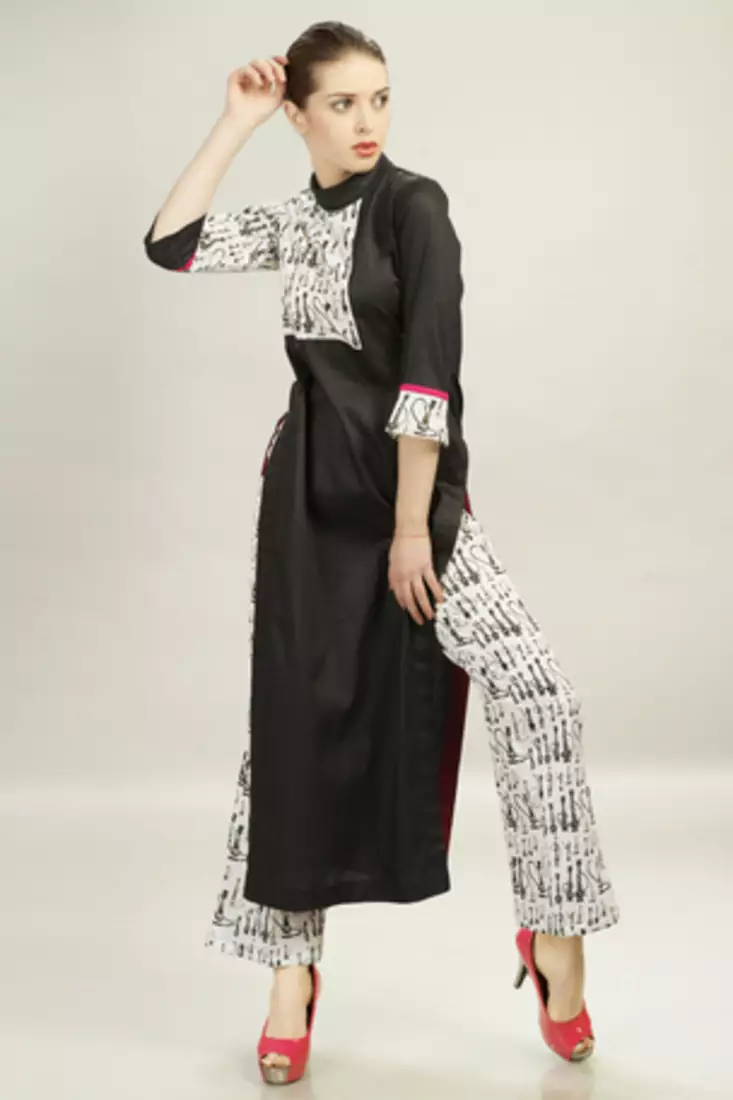 Black Cotton Satin top With White Block Printed Pant