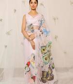 Hand painted colourful butterfly light purple organza saree