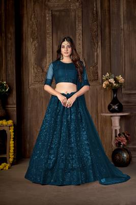 Turquoise embroidered net  lehenga 1