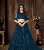 Turquoise embroidered net semi stitched lehenga
