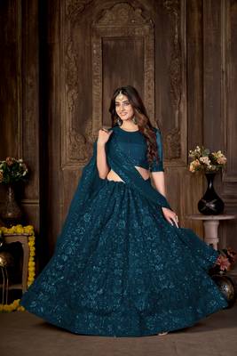 Turquoise embroidered net  lehenga 3