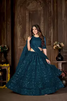 Turquoise embroidered net  lehenga