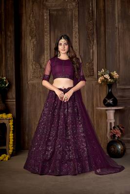 Wine embroidered net  lehenga 1
