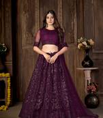 Wine embroidered net semi stitched lehenga