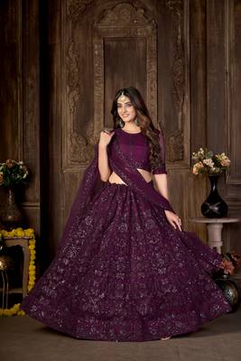 Wine embroidered net  lehenga 3