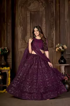 Wine embroidered net  lehenga