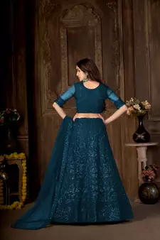 Turquoise embroidered net  lehenga
