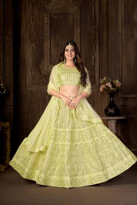 Yellow embroidered net semi stitched lehenga 3