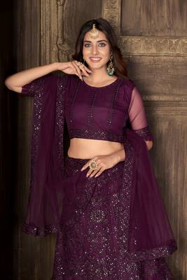 Wine embroidered net  lehenga 4