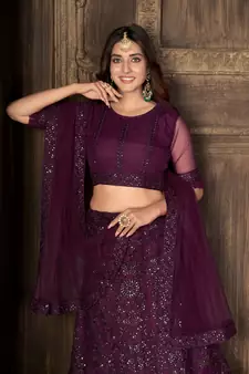 Wine embroidered net  lehenga