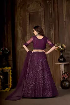 Wine embroidered net  lehenga