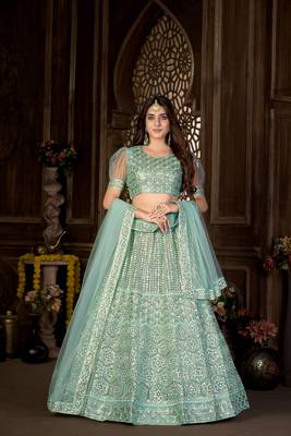 Green embroidered net  lehenga 1