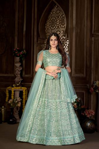 Green embroidered net semi stitched lehenga