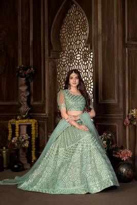 Green embroidered net  lehenga 3