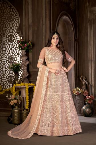 Peach embroidered net semi stitched lehenga