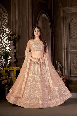 Peach embroidered net semi stitched lehenga 3