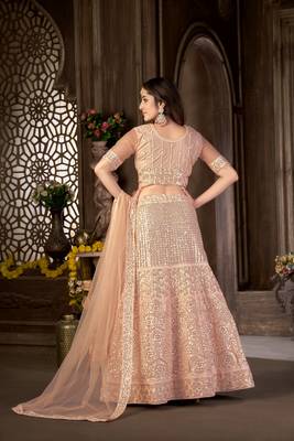 Peach embroidered net semi stitched lehenga 5