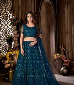 Teal embroidered net semi stitched lehenga