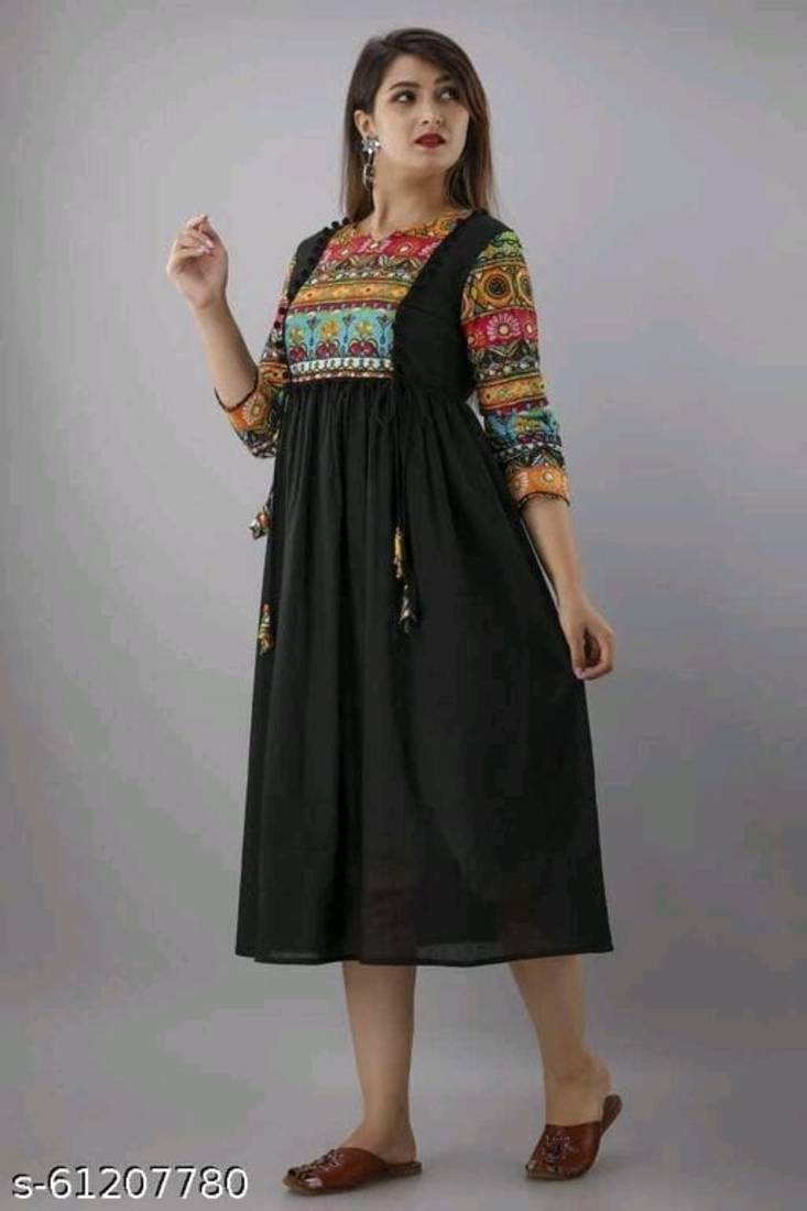 Black Printed Rayon Anarkali Kurti