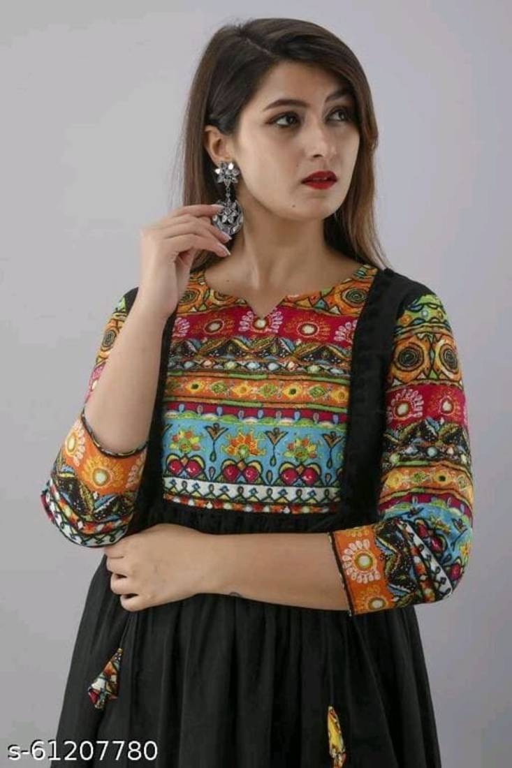 Black Printed Rayon Anarkali Kurti