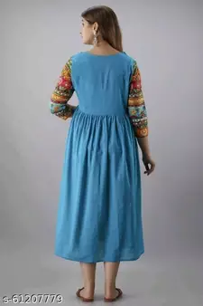 Blue Printed Rayon Anarkali Kurti