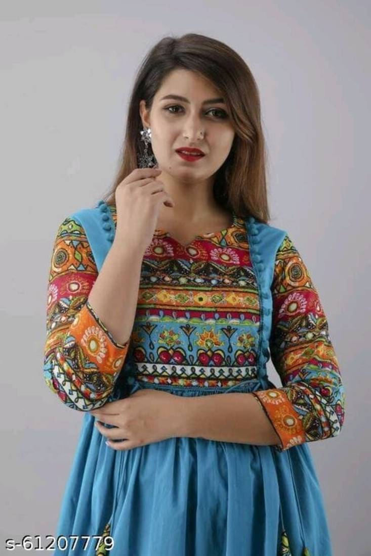 Blue Printed Rayon Anarkali Kurti