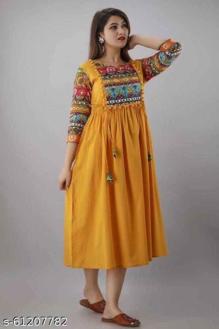 Mustard Printed Rayon Anarkali Kurti