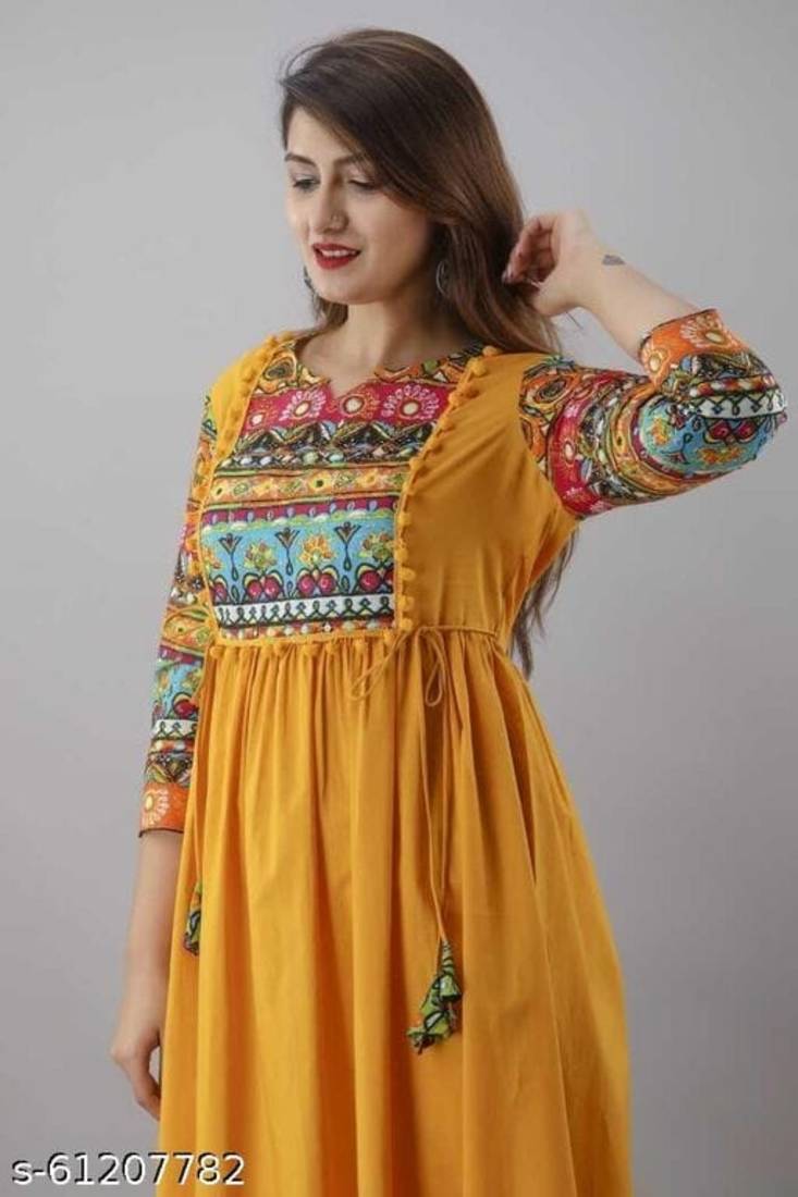 Mustard Printed Rayon Anarkali Kurti