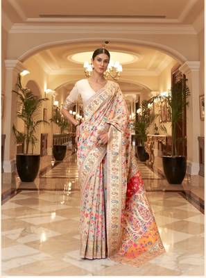 Women'S Designer Cream silk Heavy Border And Pallu Saree With Unstitched Blouse 1