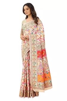 Women'S Designer Cream silk Heavy Border And Pallu Saree With Unstitched Blouse