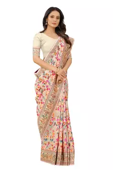 Women'S Designer Cream silk Heavy Border And Pallu Saree With Unstitched Blouse
