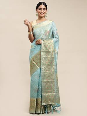 Blue woven organza saree with blouse 1