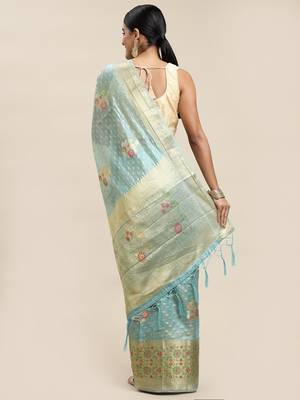 Blue woven organza saree with blouse 2