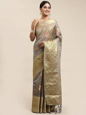 Grey woven organza saree with blouse 1
