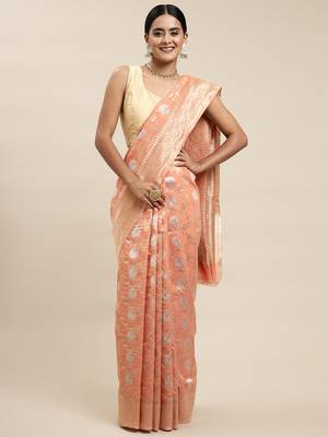 Peach woven linen saree with blouse 1