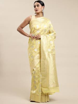 Yellow woven linen saree with blouse 1