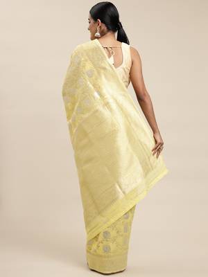 Yellow woven linen saree with blouse 2