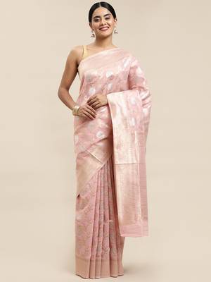 Pink woven linen saree with blouse 1