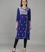 Navy-blue embroidered cotton embroidered-kurtis