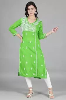 Green embroidered cotton embroidered-kurtis