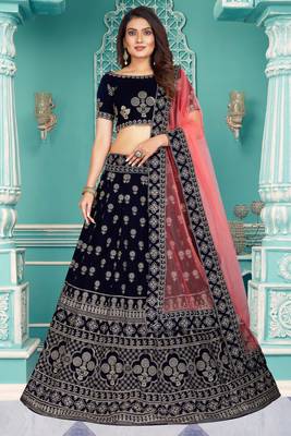 Modern  Velvet  Navy Blue Embroidery  Zari Work Bridal  Lehenga Choli 1