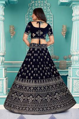 Modern  Velvet  Navy Blue Embroidery  Zari Work Bridal  Lehenga Choli 4