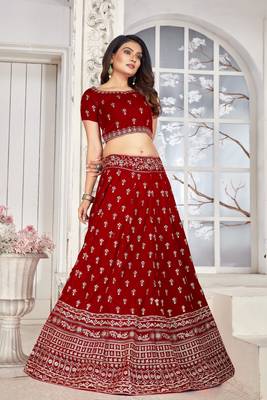 Trendy  Velvet  Maroon  Embroidery  Sequence Bridal Lehenga Choli 2