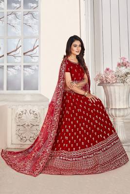 Trendy  Velvet  Maroon  Embroidery  Sequence Bridal Lehenga Choli 3