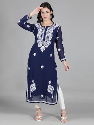 Hand Embroidered Lucknowi Chikankari Navy Blue Georgette Kurta with Slip 1
