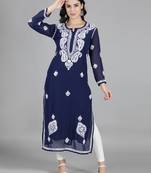 Hand Embroidered Lucknowi Chikankari Navy Blue Georgette Kurta with Slip