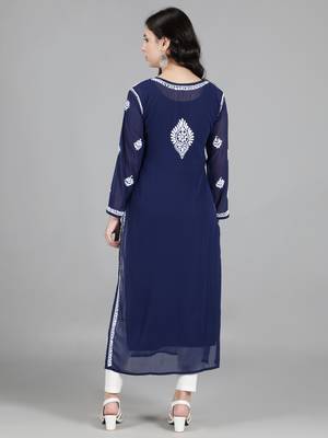 Hand Embroidered Lucknowi Chikankari Navy Blue Georgette Kurta with Slip 2
