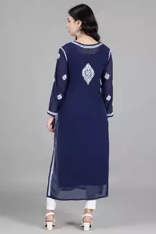 Hand Embroidered Lucknowi Chikankari Navy Blue Georgette Kurta with Slip