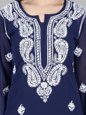 Hand Embroidered Lucknowi Chikankari Navy Blue Georgette Kurta with Slip 4