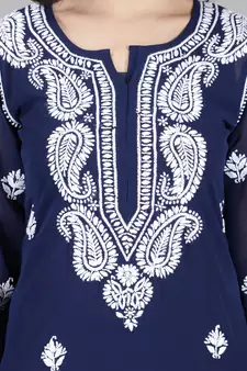 Hand Embroidered Lucknowi Chikankari Navy Blue Georgette Kurta with Slip